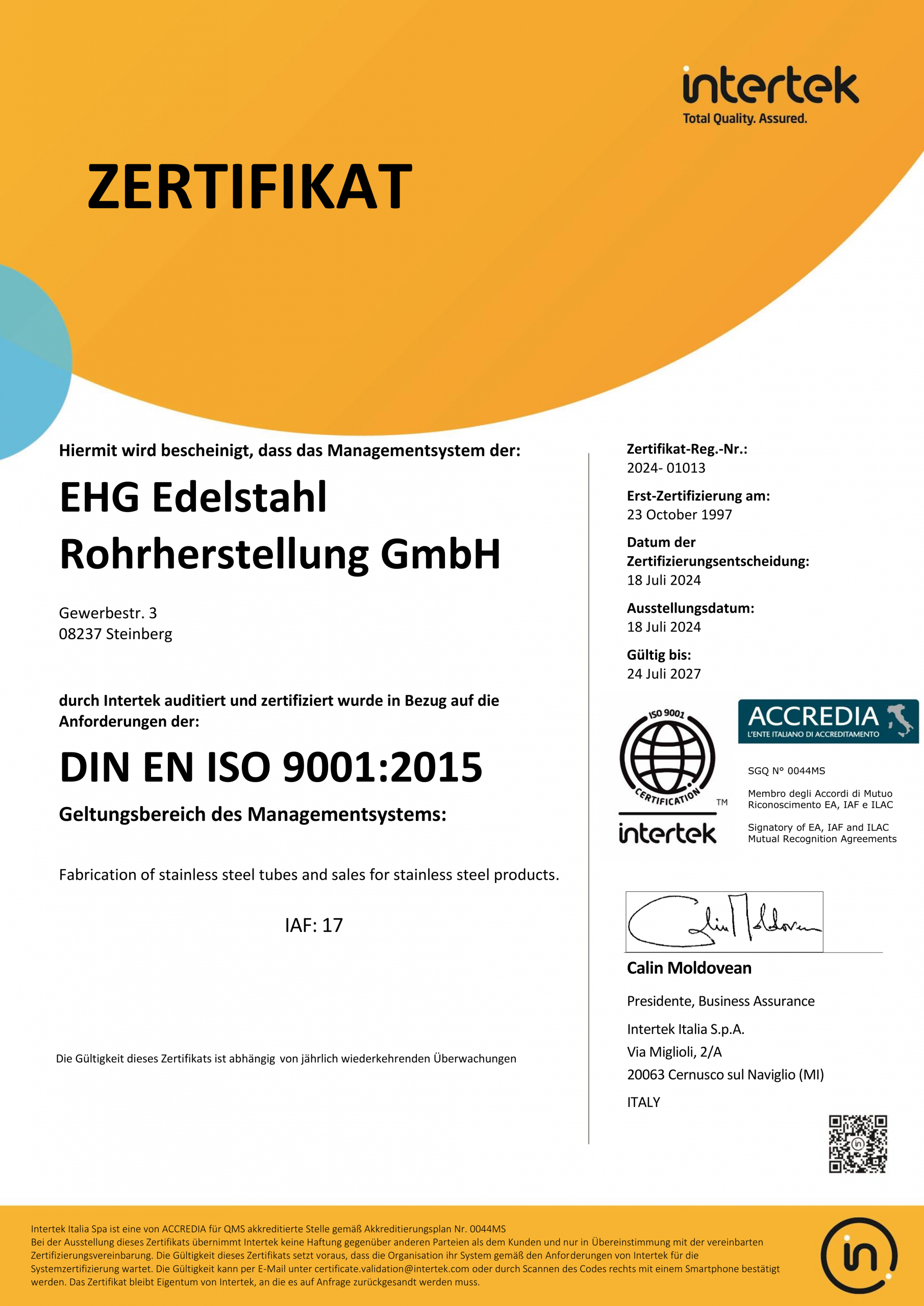 ISO 9001:2015 Certificate Preview