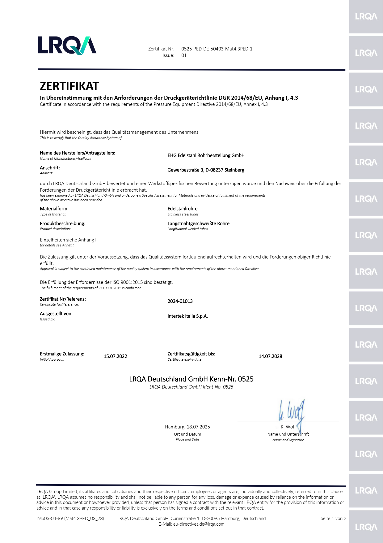 PED 2014/68/EU Certificate Preview